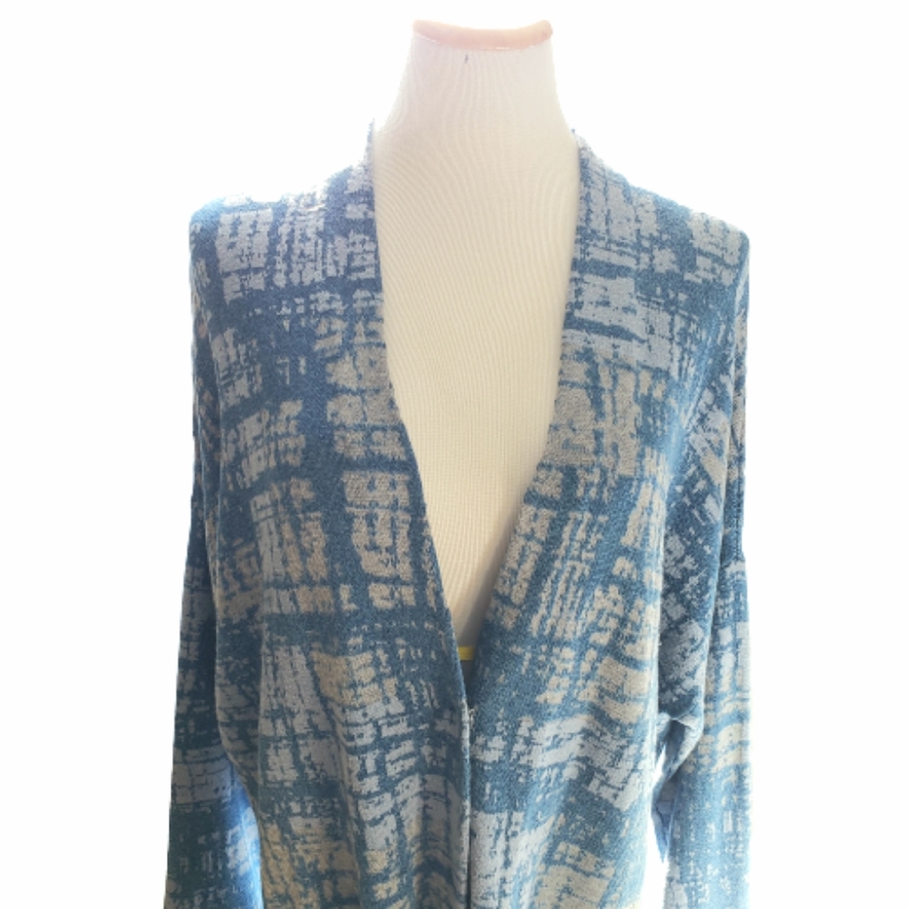Pure Jill J Jill XL Indigo Blue Cotton Two-Tone Abstract One Button Cardigan - Picture 3 of 10